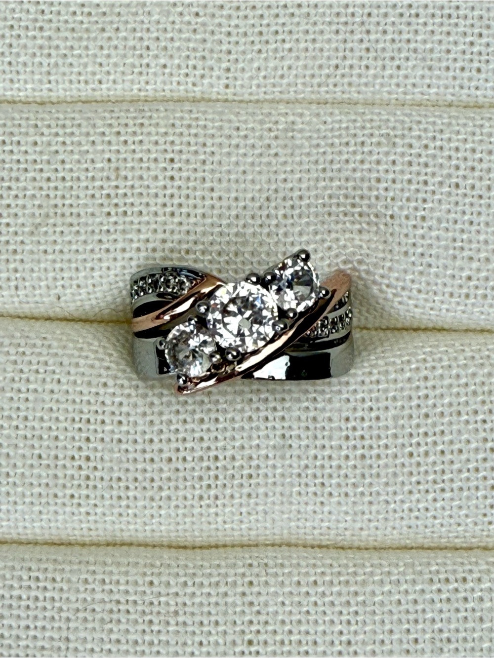 Silver & Rose Gold Two-Tone Cubic Zirconia Three-Stone Ring - Picture 8 of 8